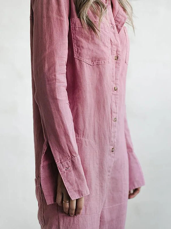 Frida | Damen Jumpsuit Langarm Knopfleiste Locker