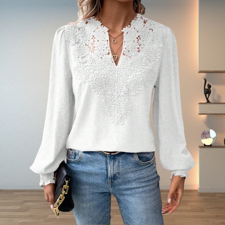 Sophie | Damen Bluse Langarm mit Spitze V-Ausschnitt