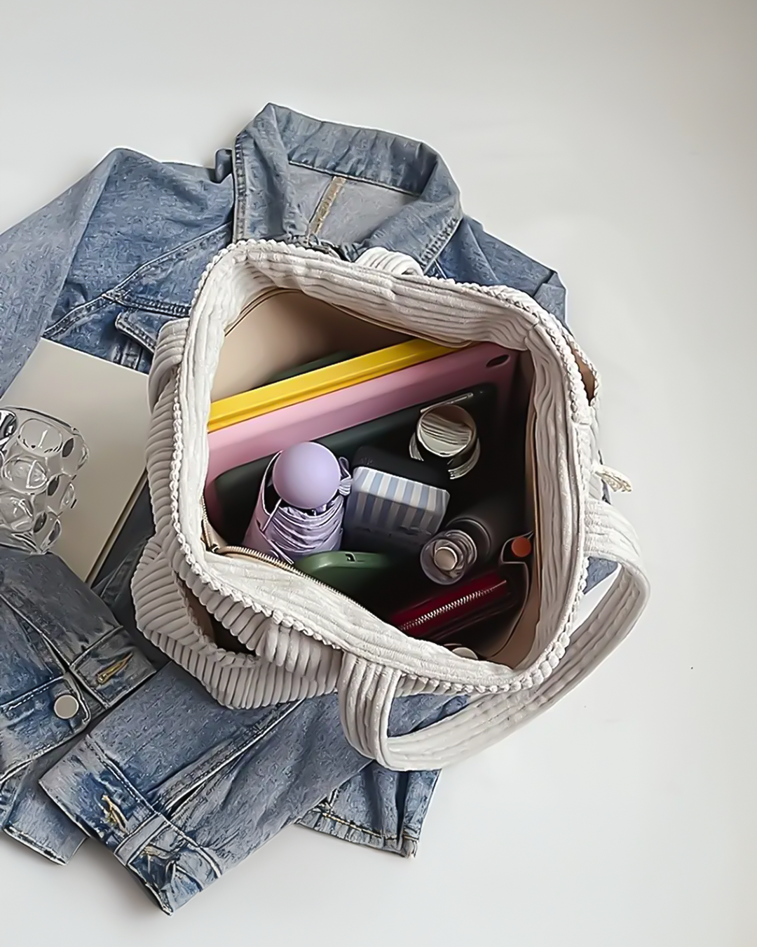 Ynna | Damen Schultertasche Cord-Optik Shopper mit Kordelzug