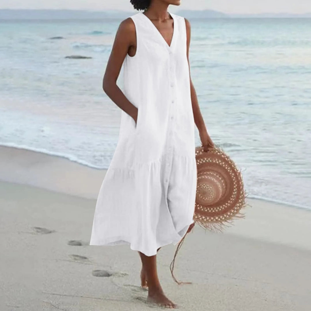 Lena | Ärmelloses Leinenkleid Damen V-Ausschnitt Midi Sommerkleid