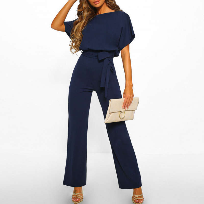 Bella | Damen Jumpsuit Weites Bein Bindegürtel Kurzarm Elegant