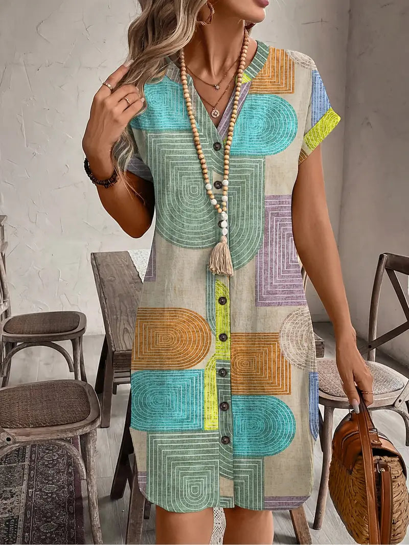 Greta | Damen Hemdblusenkleid Geometrisch Kurzarm V-Ausschnitt Midi