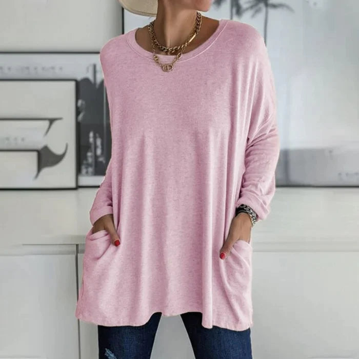Noja | Damen Longshirt Übergroß Rundhals Seitentaschen Herbst