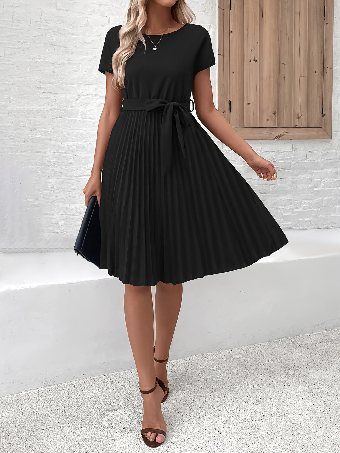 Elise | Damen Plissee Kleid Kurzarm Bindegürtel Midi