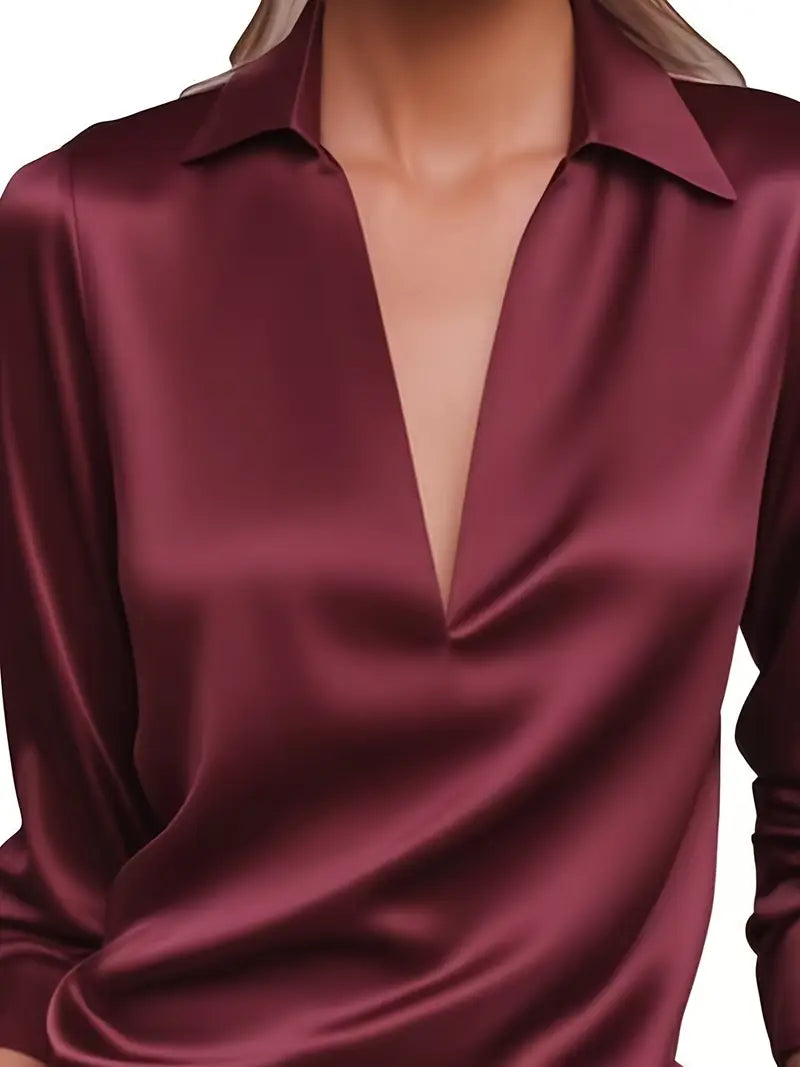 Stella | Damen Satin Bluse Langarm V-Ausschnitt Elegant