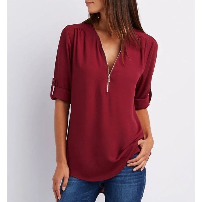 Jolie | Damen Bluse V-Ausschnitt Reißverschluss Halbarm