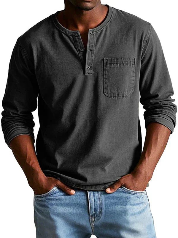 Leon | Herren Langarm Henley Shirt mit Brusttasche