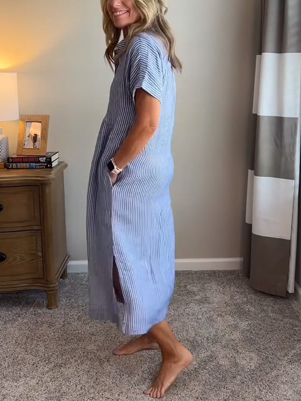 Franziska | Damen Hemdkleid Midi Streifen Kurzarm Knöpfe