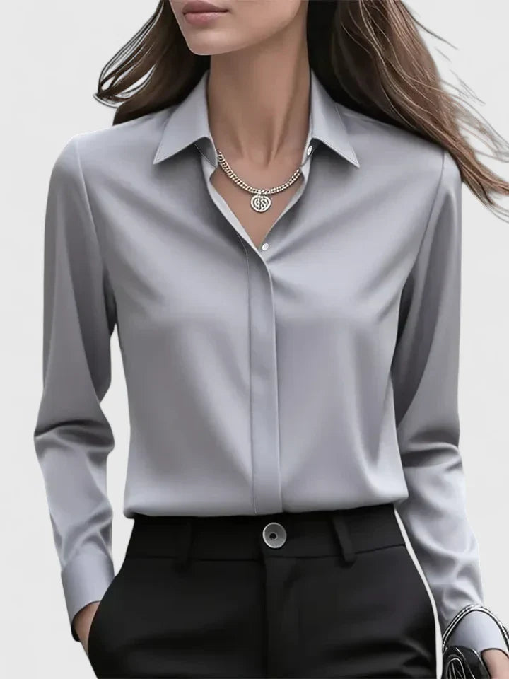Viana | Damen Satin Bluse Langarm Hemdkragen Elegante Bluse