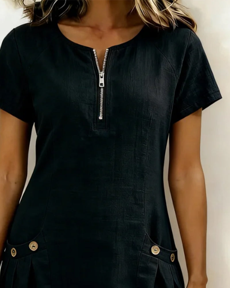 Mia | Damen kleid Kurzarm A-Linie mit Reißverschluss