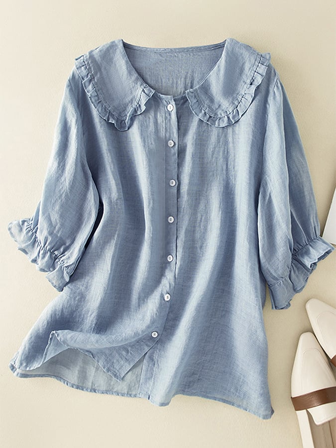Marie | Damen bluse Rüschenkragen 3/4 Ärmel Knopfleiste