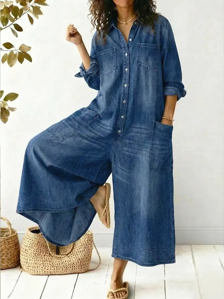 Denima | Damen Jeans Jumpsuit Langarm Knopfleiste Weites Bein Overall