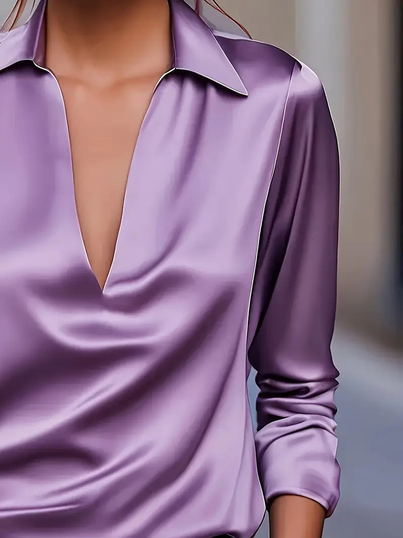 Stella | Damen Satin Bluse Langarm V-Ausschnitt Elegant