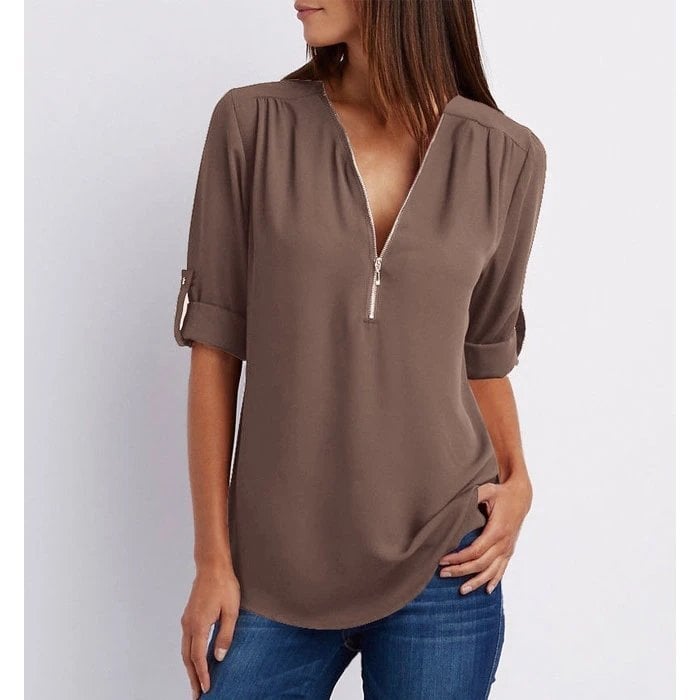 Jolie | Damen Bluse V-Ausschnitt Reißverschluss Halbarm