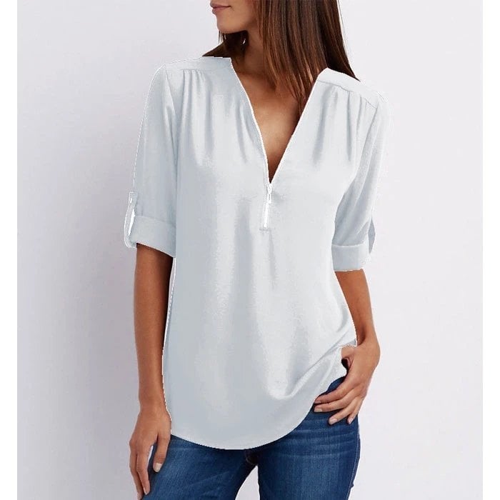 Jolie | Damen Bluse V-Ausschnitt Reißverschluss Halbarm
