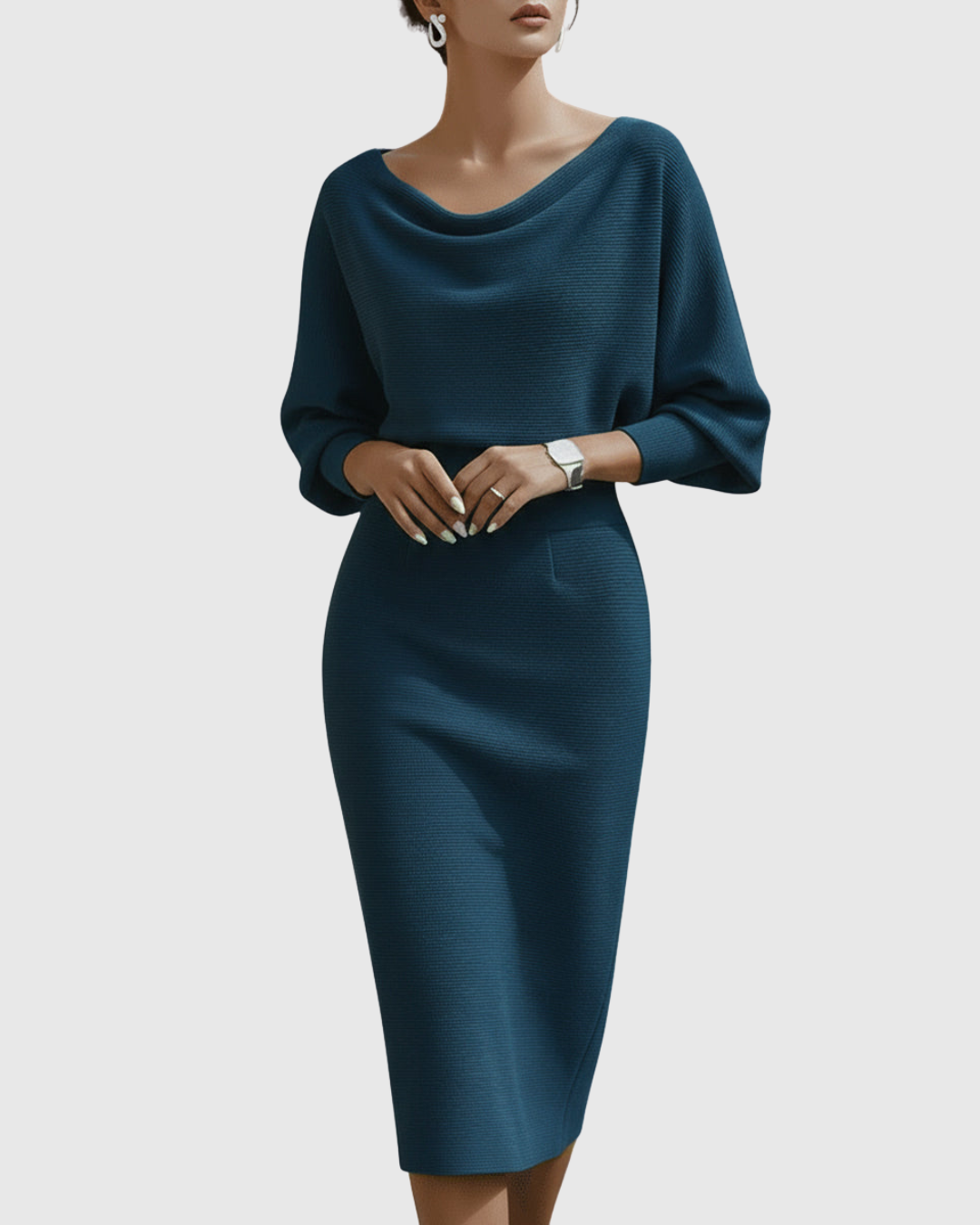 Nadine | Damen Midi Kleid Fledermausärmel Drapierter Ausschnitt Figurbetontes Kleid