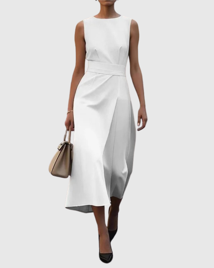Amber | Damen Midi Kleid Ärmellos Rundhals Taillendrapierung Elegantes Kleid