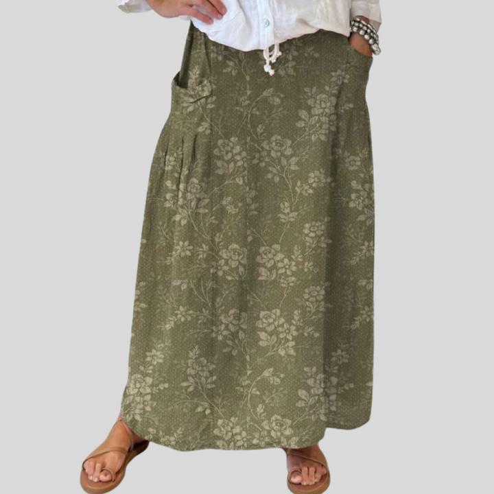 Elise | Damen Maxi Rock Vintage Blumenprint Elastischer Bund mit Taschen