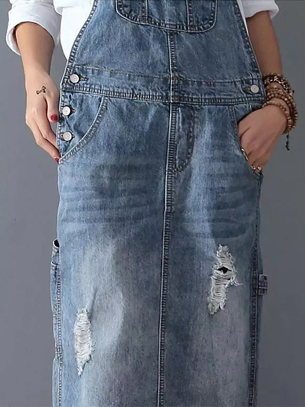 Franzi | Damen Latzkleid Jeans Lang mit Taschen Distressed