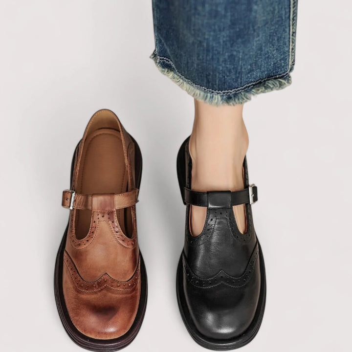 Rosa | Damen Mary Jane Schuhe Brogues Schnalle Flach Leder-Optik
