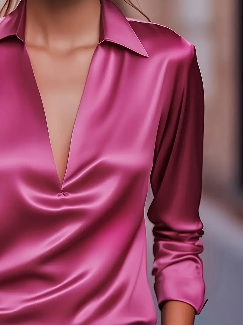 Stella | Damen Satin Bluse Langarm V-Ausschnitt Elegant