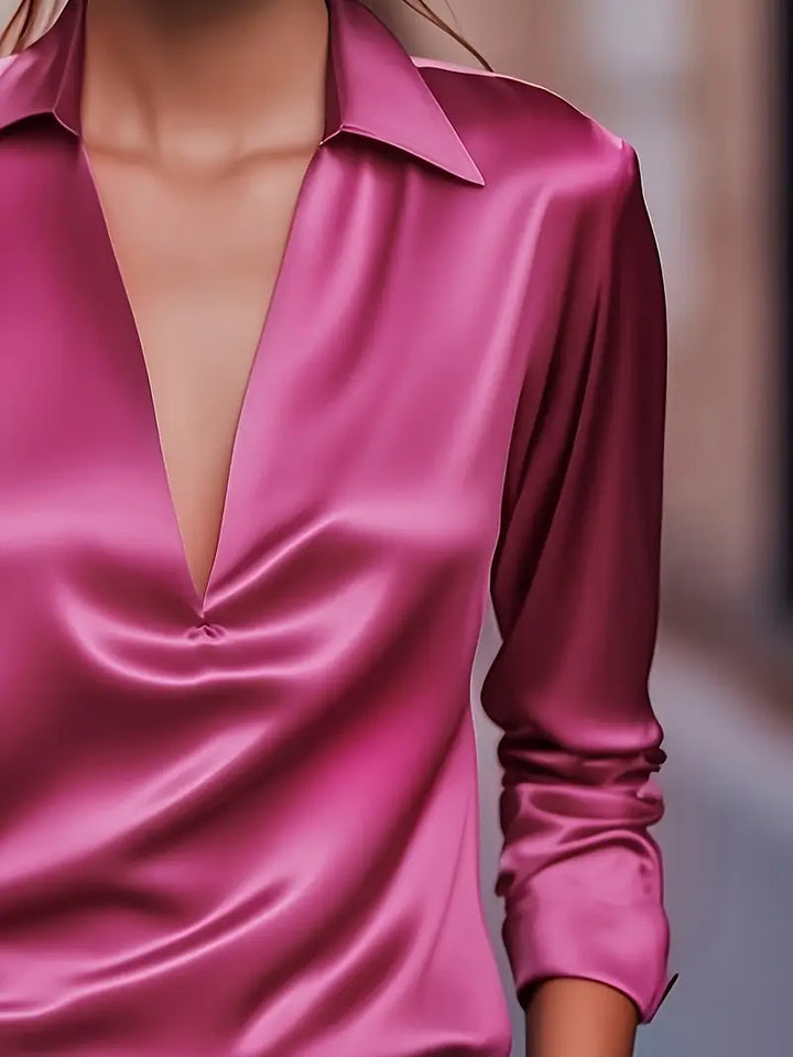 Stella | Damen Satin Bluse Langarm V-Ausschnitt Elegant