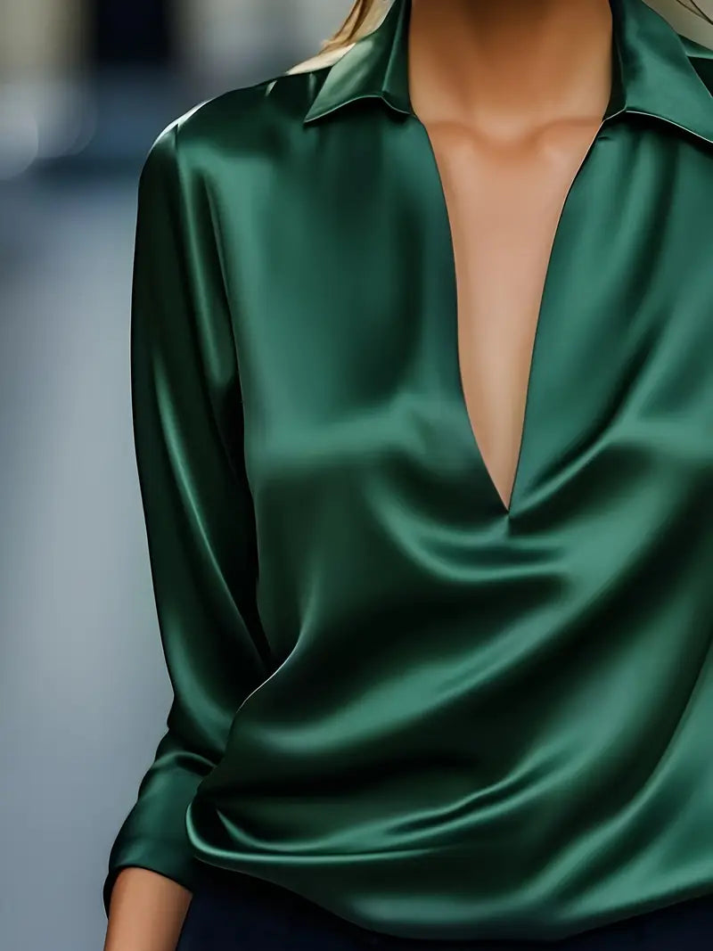 Stella | Damen Satin Bluse Langarm V-Ausschnitt Elegant
