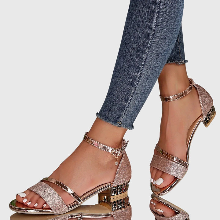Rosana | Damen Sandaletten Blockabsatz Knöchelriemen Glitzer Festliche Schuhe
