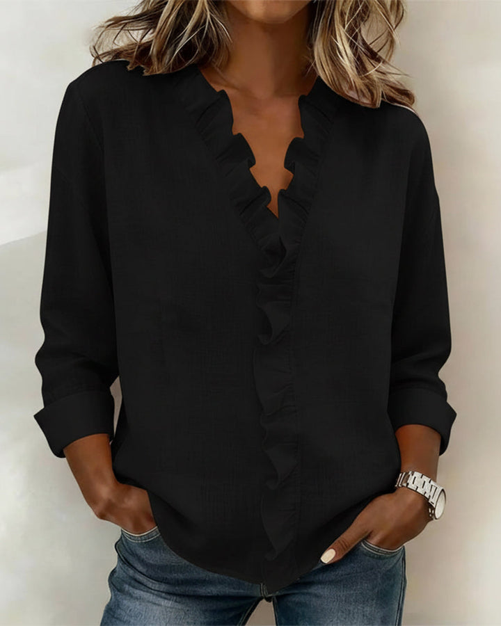 Rosine | Damen Bluse Langarm Rüschen V-Ausschnitt Casual Chic