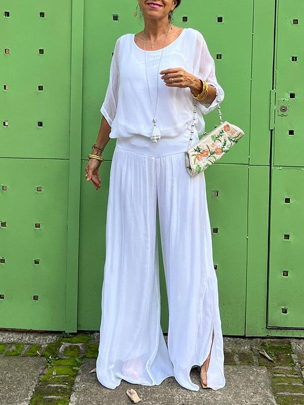 Saila | Damen Maxikleid V-Ausschnitt Fledermausärmel Unifarbe