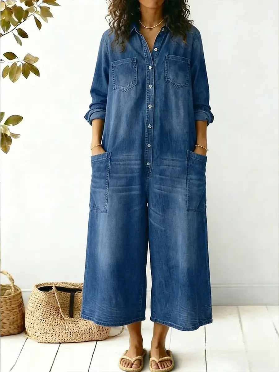 Denima | Damen Jeans Jumpsuit Langarm Knopfleiste Weites Bein Overall