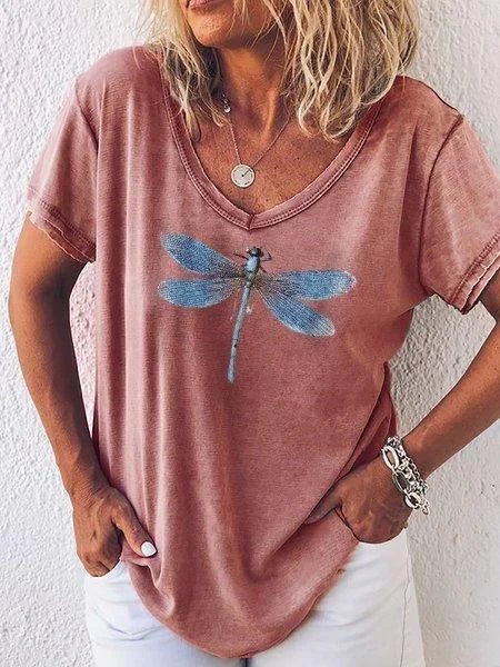 Taira | Damen T-Shirt V-Ausschnitt Libellen Print Kurzarm