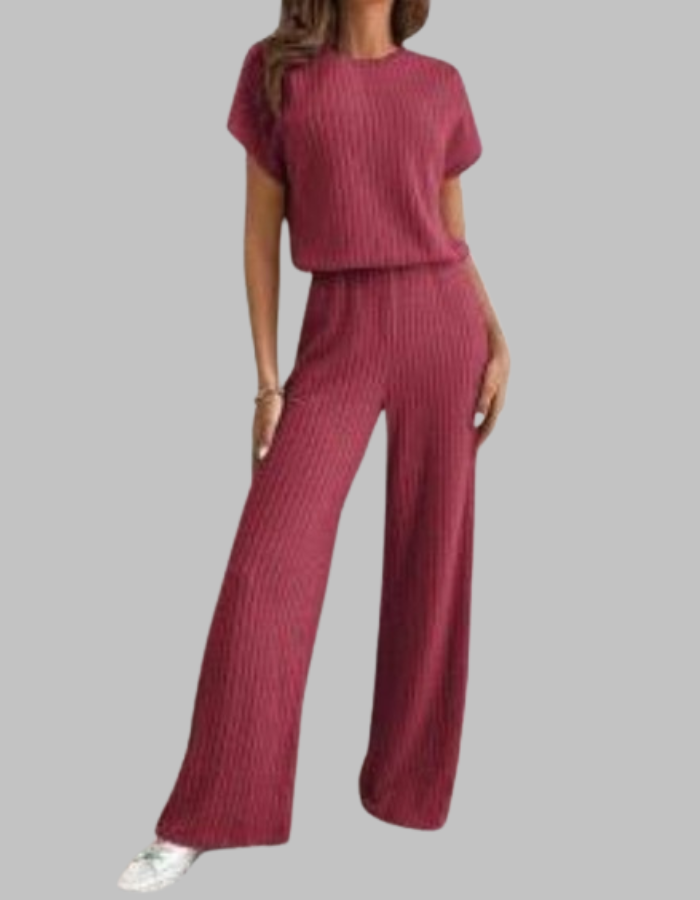 Paula | Damen Rippstrick-Set Kurzarm Top Weite Hose Casual