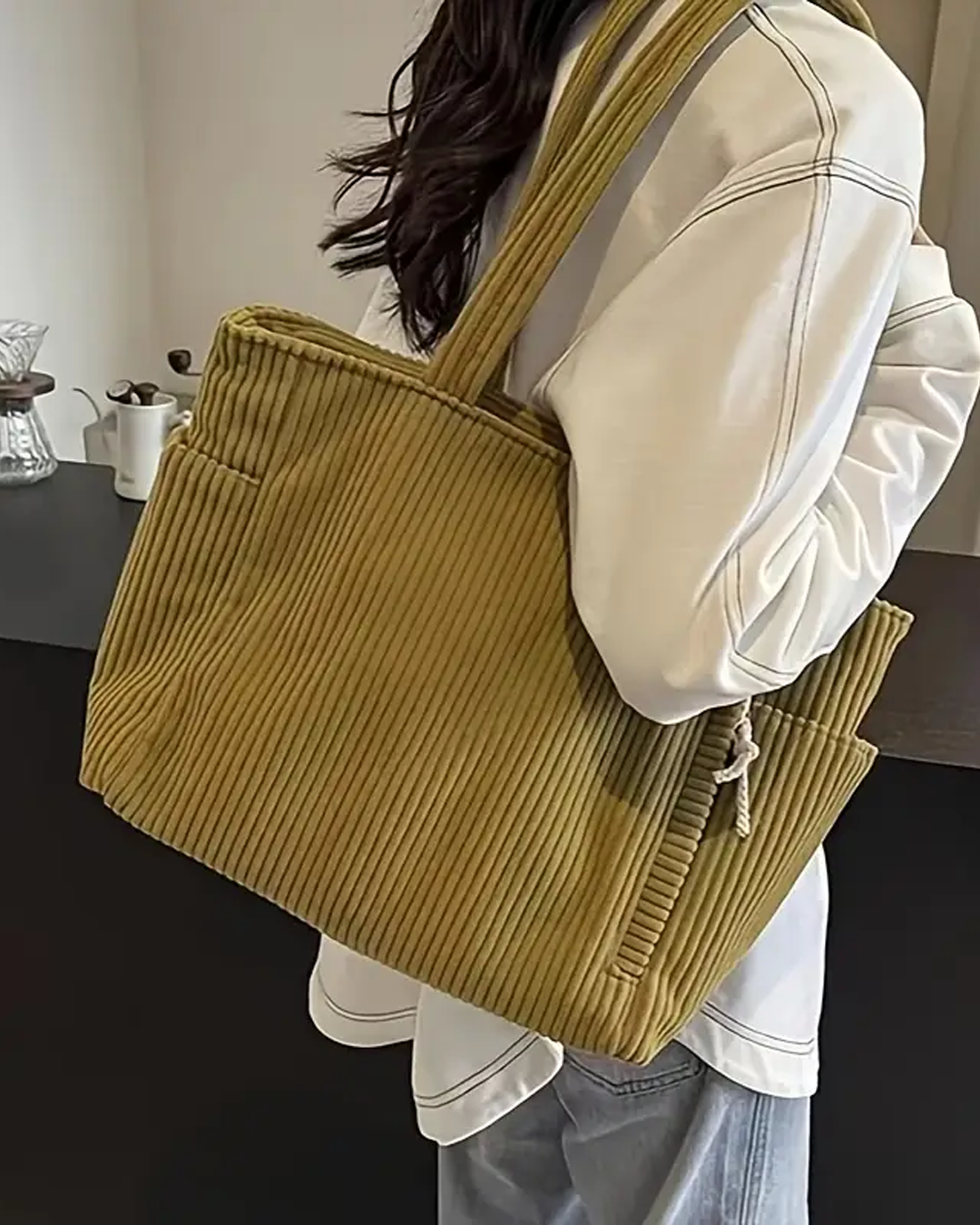 Ynna | Damen Schultertasche Cord-Optik Shopper mit Kordelzug