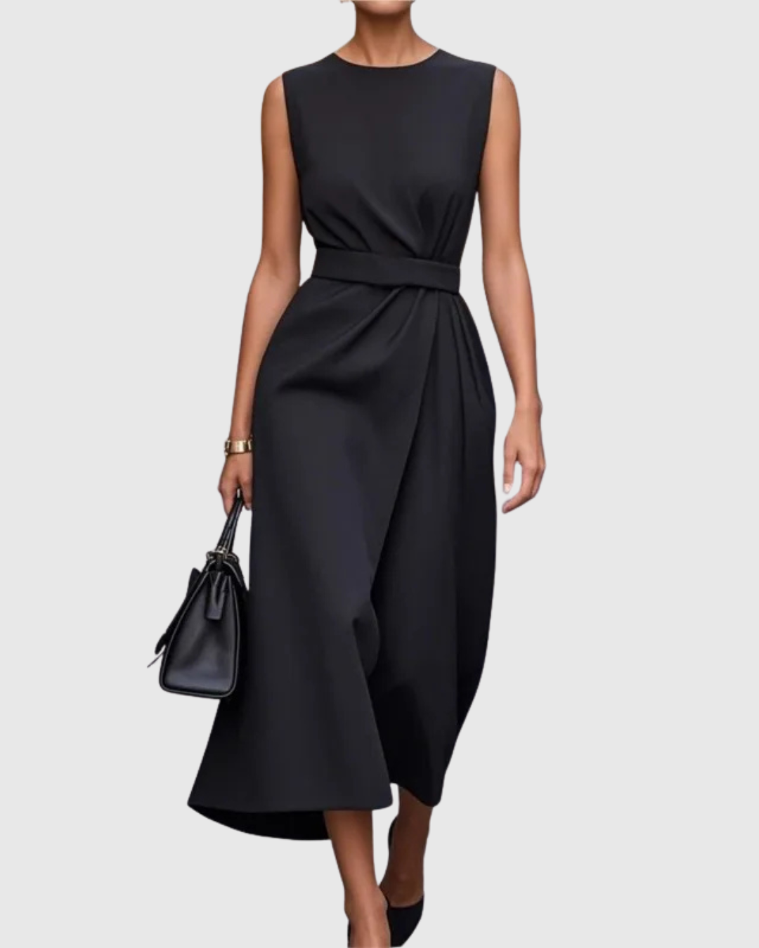 Amber | Damen Midi Kleid Ärmellos Rundhals Taillendrapierung Elegantes Kleid