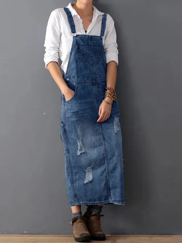 Franzi | Damen Latzkleid Jeans Lang mit Taschen Distressed