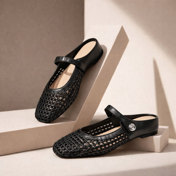 Goldie | Damen Mules Flach Mary Jane Geflochten Metallic Slipper