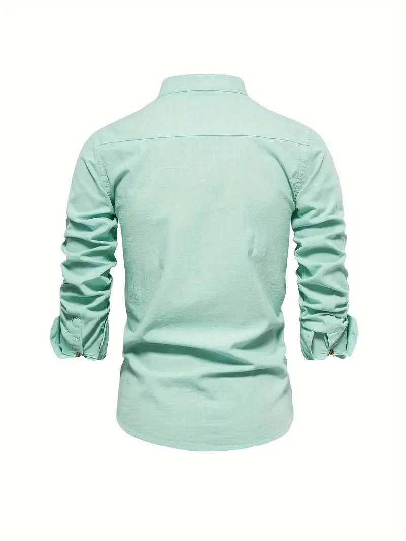 Fello | Herren Stehkragen Hemd Langarm Slim Fit Freizeithemd