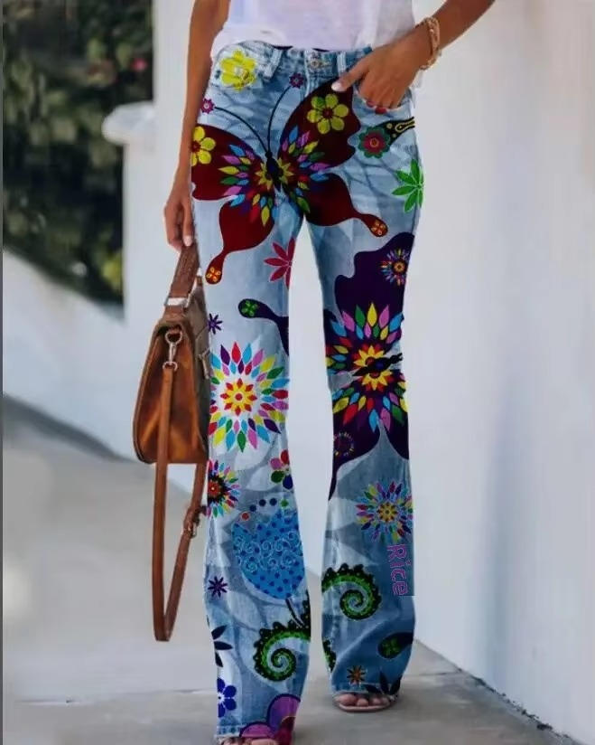Rosie | Damen Schlagjeans mit Blumenmuster, High Waist Flared Jeans