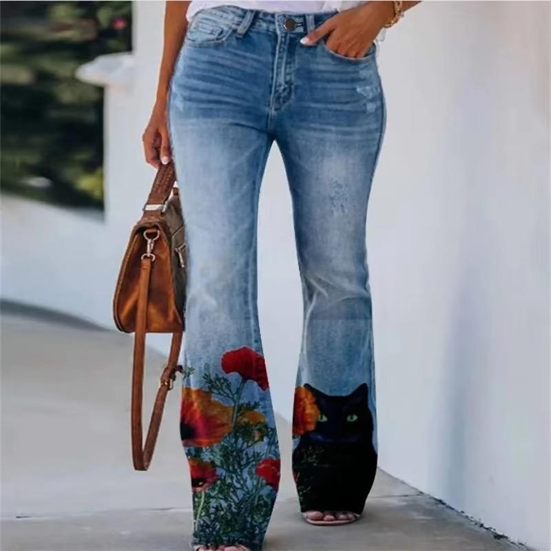 Rosie | Damen Schlagjeans mit Blumenmuster, High Waist Flared Jeans