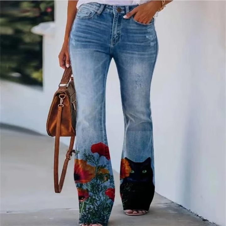 Rosie | Damen Schlagjeans mit Blumenmuster, High Waist Flared Jeans