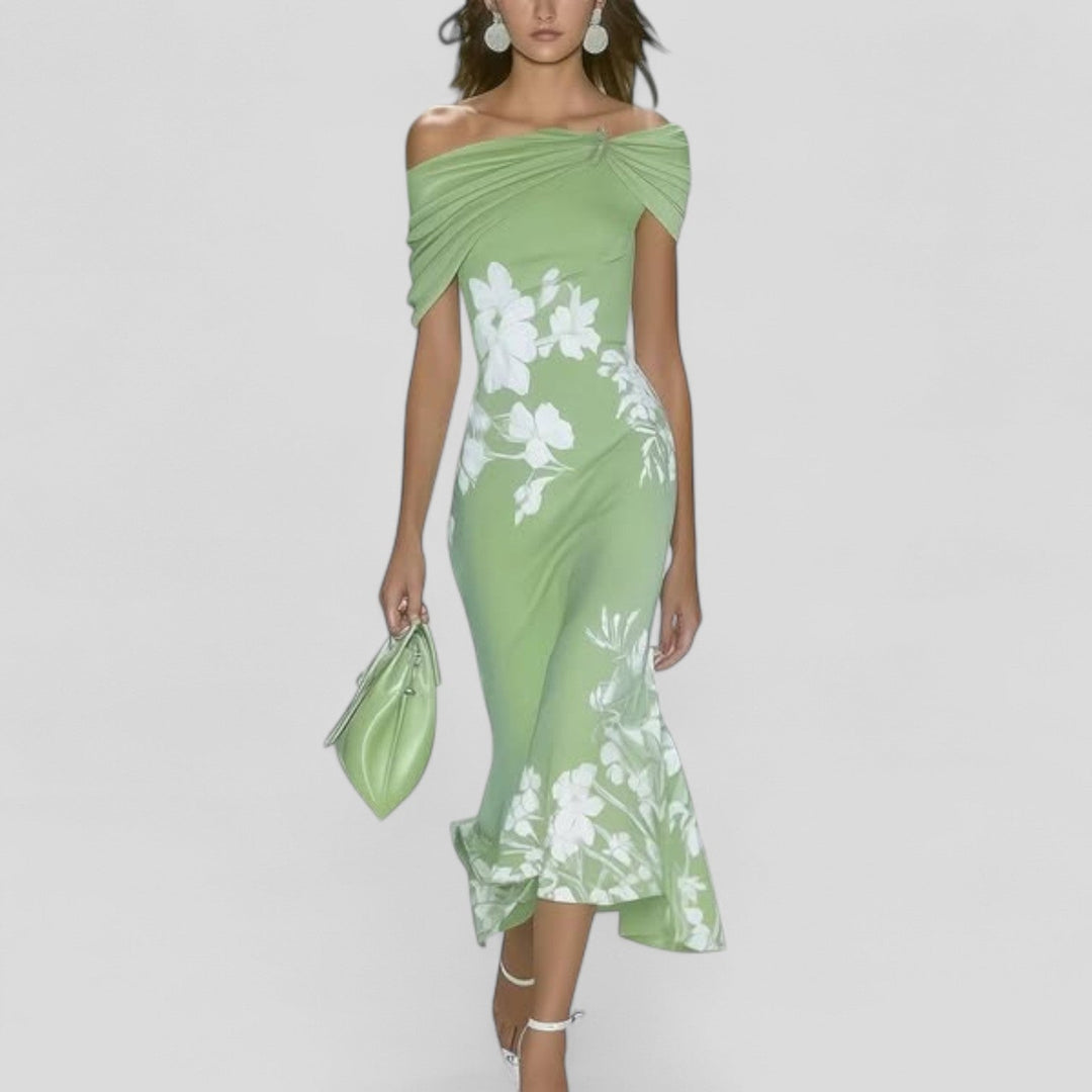 Vivienne | Damen Midi Kleid Off-Shoulder Blumenmuster Festliches Sommerkleid