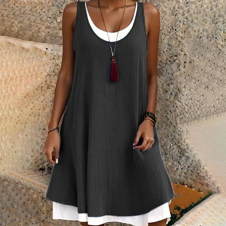 Ayala | Damen Trägerkleid Ärmellos Rundhals 2-in-1 Optik Midi