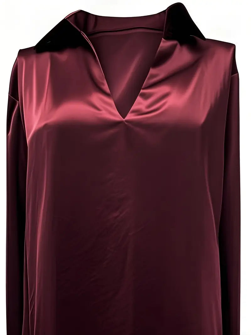 Stella | Damen Satin Bluse Langarm V-Ausschnitt Elegant