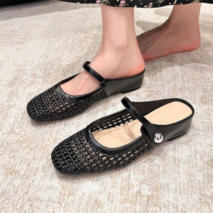 Goldie | Damen Mules Flach Mary Jane Geflochten Metallic Slipper