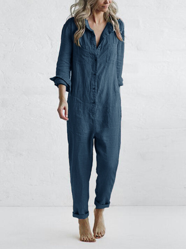 Frida | Damen Jumpsuit Langarm Knopfleiste Locker