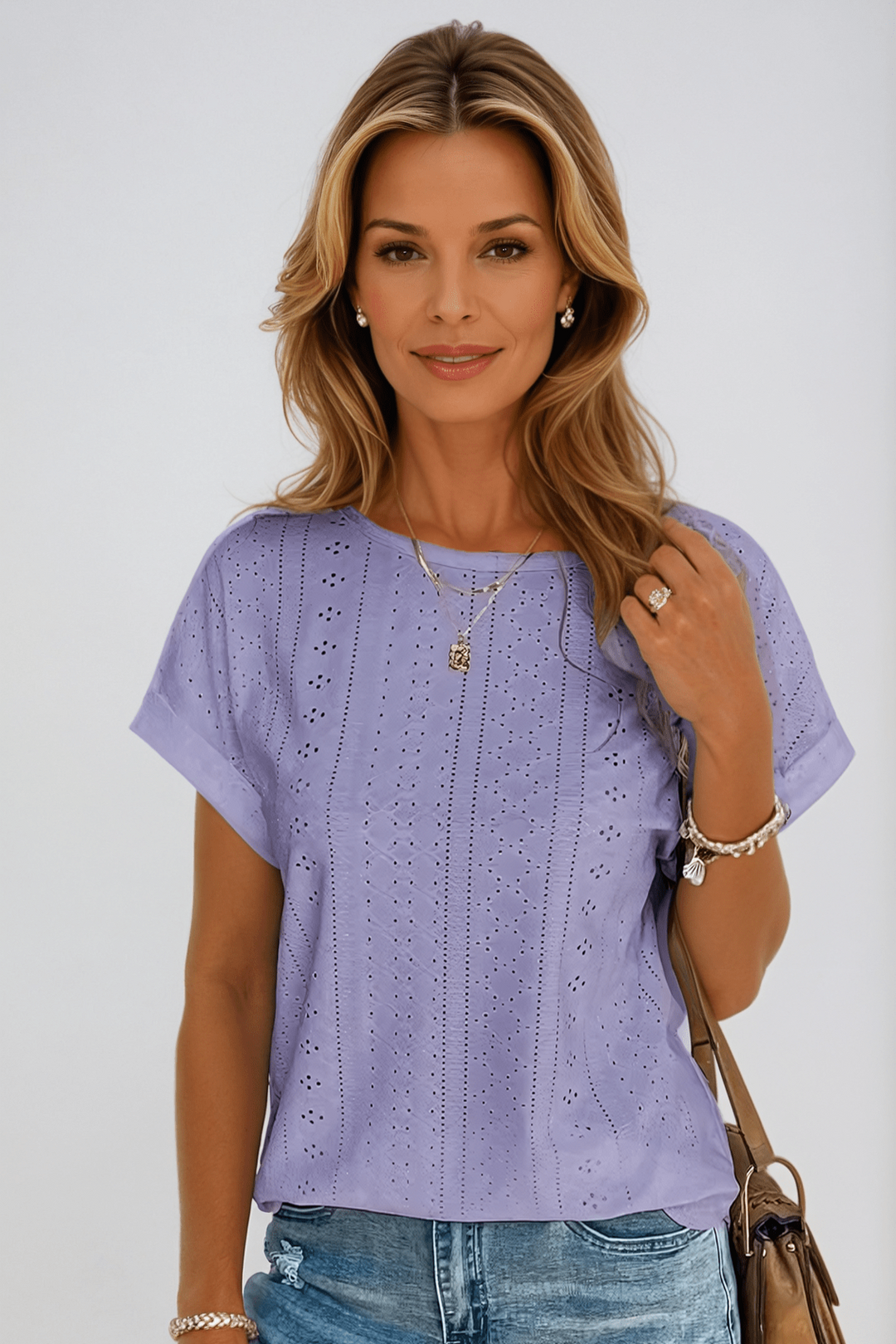 Eya | Damen Lochstickerei Top Kurzarm Rundhals Sommer