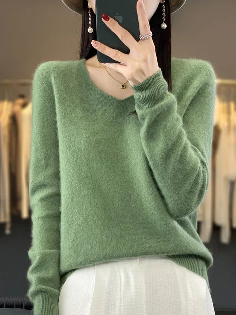 Klarissa | Damen Strickpullover Locker V-Ausschnitt - Green - Image 4