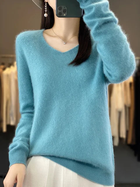 Klarissa | Damen Strickpullover Locker V-Ausschnitt - Green - Image 13