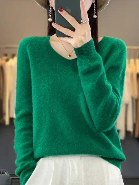 Klarissa | Damen Strickpullover Locker V-Ausschnitt - Green - Image 6